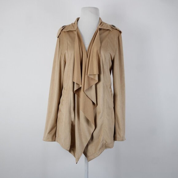 Wet Seal $40 Sz M Tan Waterfall Faux Suede 100% Polyester Wrap Sweater - Picture 2 of 16